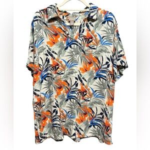 Chico’s Linen Blend Tropical Print Button Down Top Short Sleeve Sz 3X‎